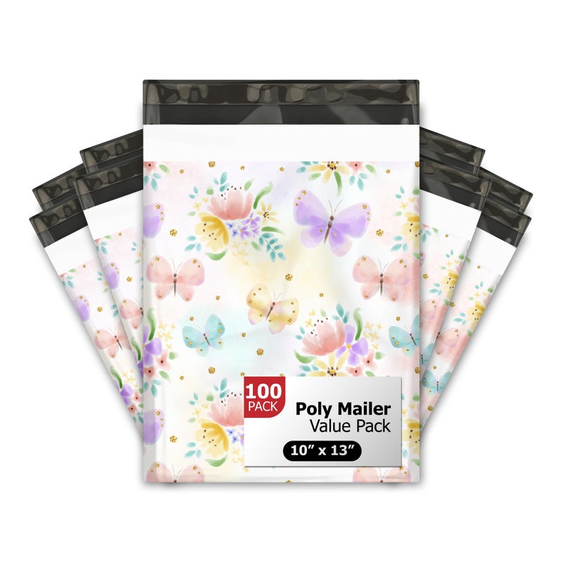 Pro Supply Global 10x13 (100) Butterfly Spring Designer Poly Mailers Waterproof Self Sealing Tear Resistant Polymailers Shipping Envelopes Premium Printed Bags For Small Businesses - Image 1